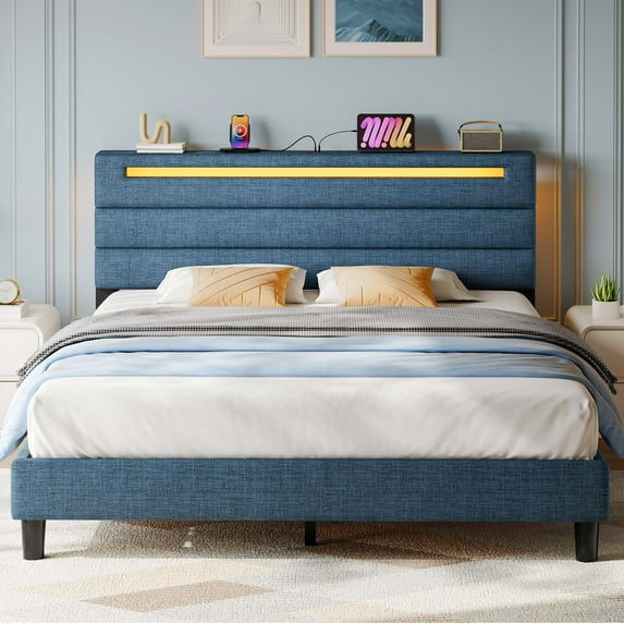 Greenstell Queen Size Bed Frame with Upholstered Storage Headboard and LED Light, Bed Platform with Charging Station, USB Ports, Under-bed Storage, Blue