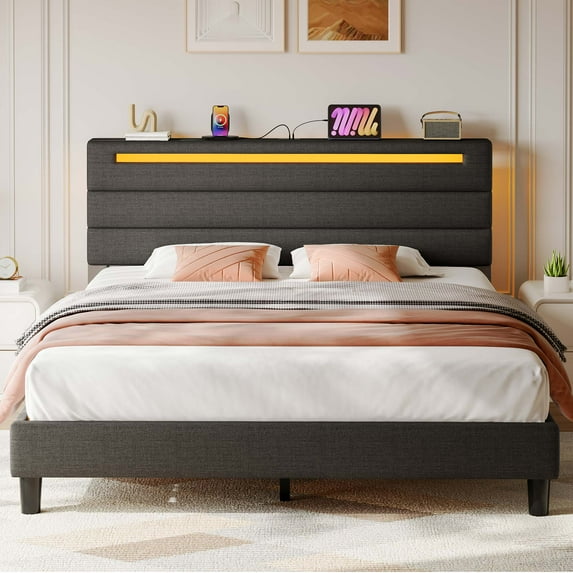 Greenstell Queen Size Bed Frame with Upholstered Storage Headboard and LED Light, Bed Platform with Charging Station, USB Ports, Under-bed Storage, Dark Gray