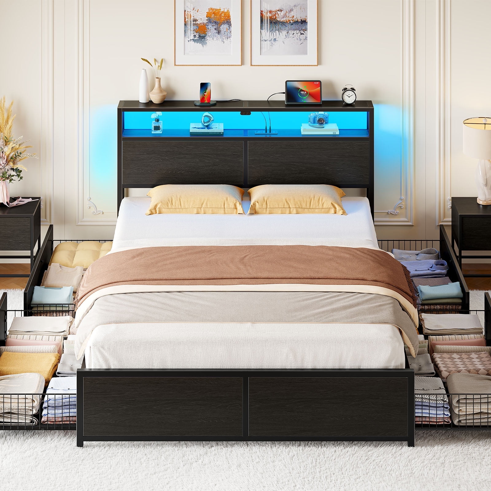 Greenstell Queen Size Bed Frame with Storage,4-Drawer Platform Bed with USB Charging Station,Built in LED Lights Easy Assembly