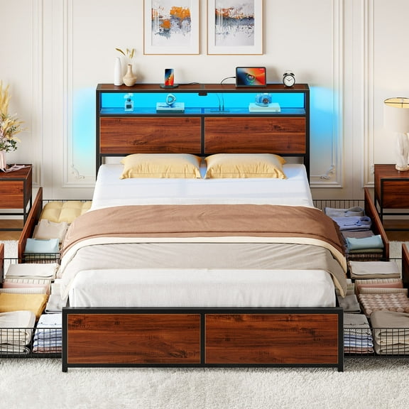 Greenstell Queen Size Bed Frame with Storage,4-Drawer Platform Bed with USB Charging Station,Built in LED Lights Easy Assembly