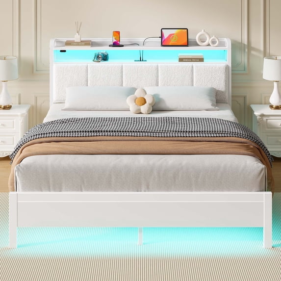 Greenstell Queen Size Bed Frame with Charging Station, LED Lights, Upholstered Headboard & Storage Shelves, No Box Spring Needed, Noise-Free, White