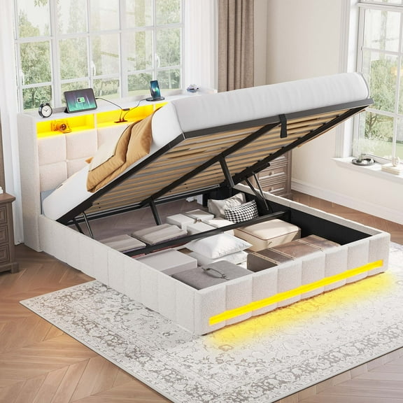 Greenstell Queen Size Lift up Hydraulic Platform Storage Bed Frame with Led Light & Charging Station, Fabric Channel Wingback Headboard, Off White