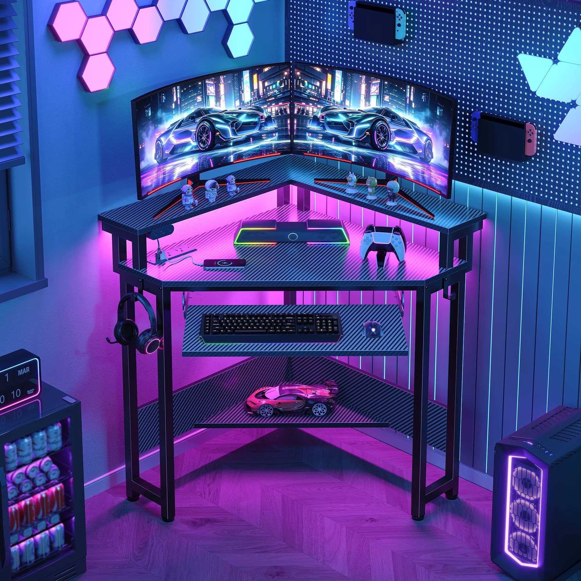 Greenstell Corner Office Gaming Desk 44.5 Inches L-Shaped Computer Desk with Charging Hub & Ergonomic Stand for Small Spaces,Black