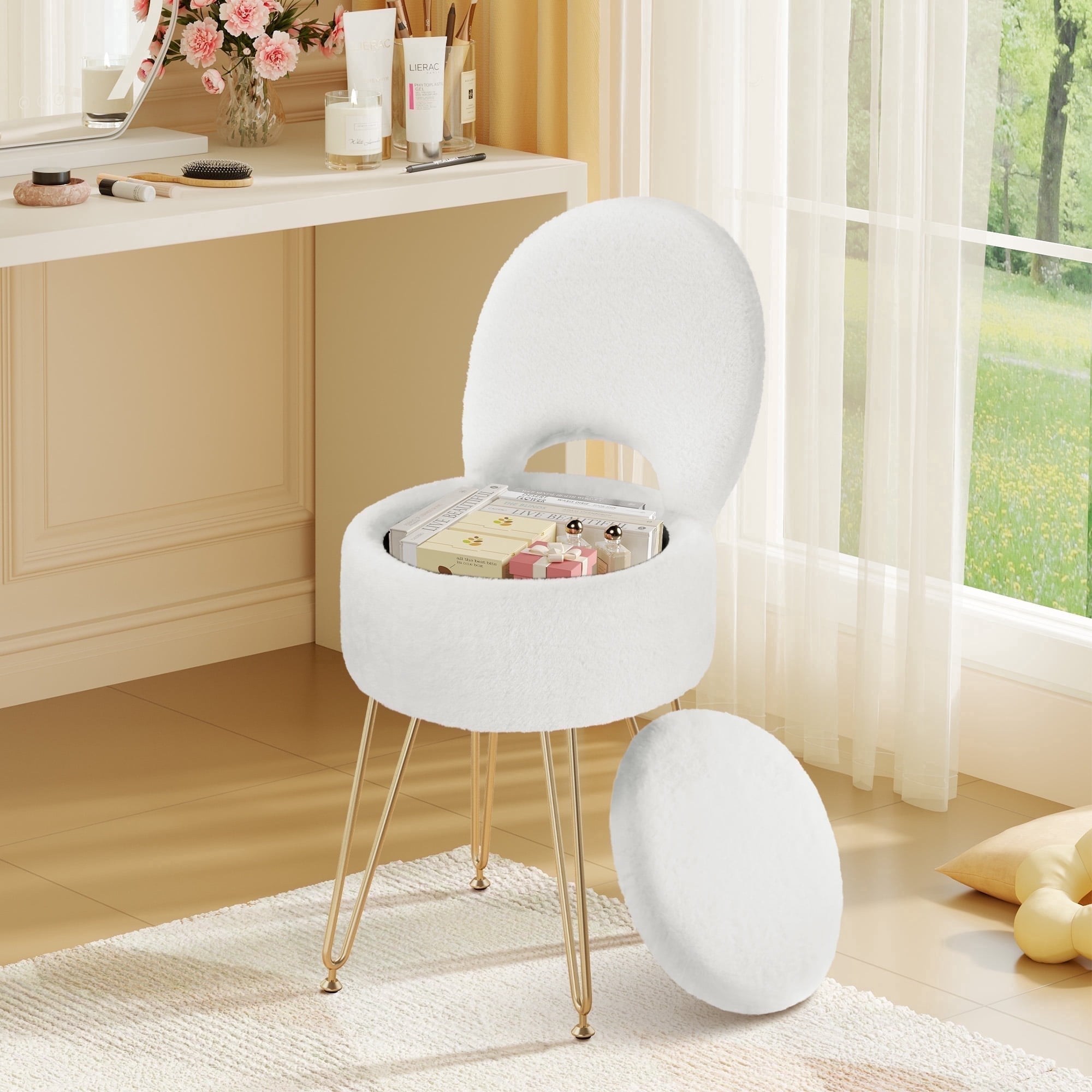 Greenstell Round Storage Ottoman, 12.9”L x 12.9”W x 17.6”H Upholstered Vanity Faux Fur Chair with Lumbar Support, Small Foot Stools Coffee Table Padded Seat for Makeup Room (White)