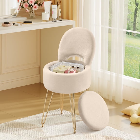 Rolanstar Round Storage Ottoman, 12.9”L x 12.9”W x 17.6”H Upholstered Vanity Faux Fur Chair with Lumbar Support, Small Foot Stools Coffee Table Padded Seat for Makeup Room (Camel)