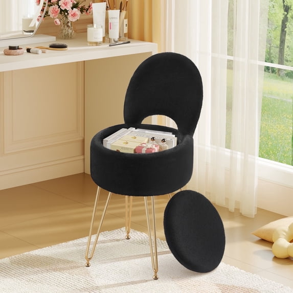 Greenstell Round Storage Ottoman, 12.9”L x 12.9”W x 17.6”H Upholstered Vanity Faux Fur Chair with Lumbar Support, Small Foot Stools Coffee Table Padded Seat for Makeup Room (Black)