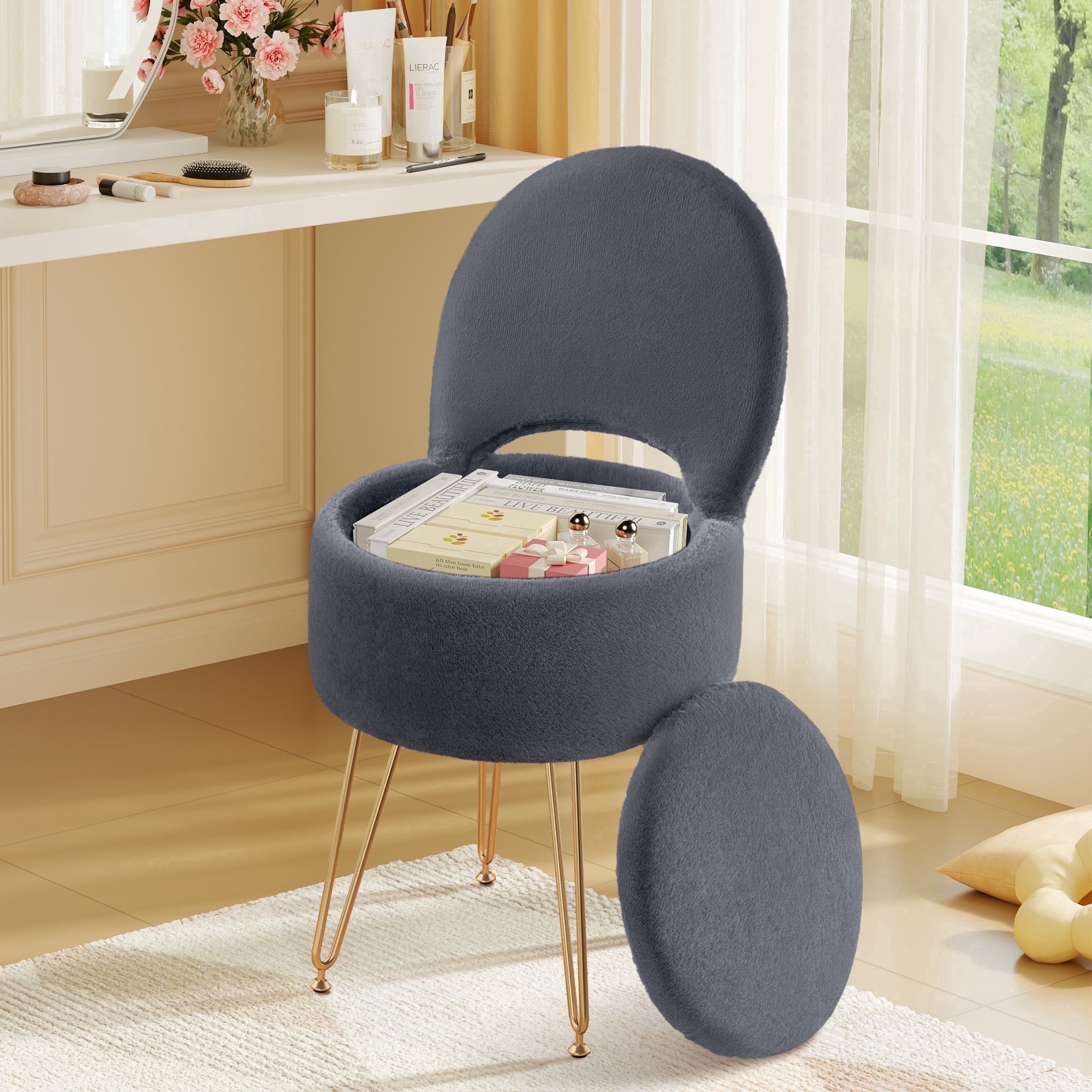 Greenstell Round Storage Ottoman, 15.7”L x 15.7”W x 19.5”H Upholstered Vanity Faux Fur Chair with Lumbar Support, Small Foot Stools Coffee Table Padded Seat for Makeup Room (Gray)