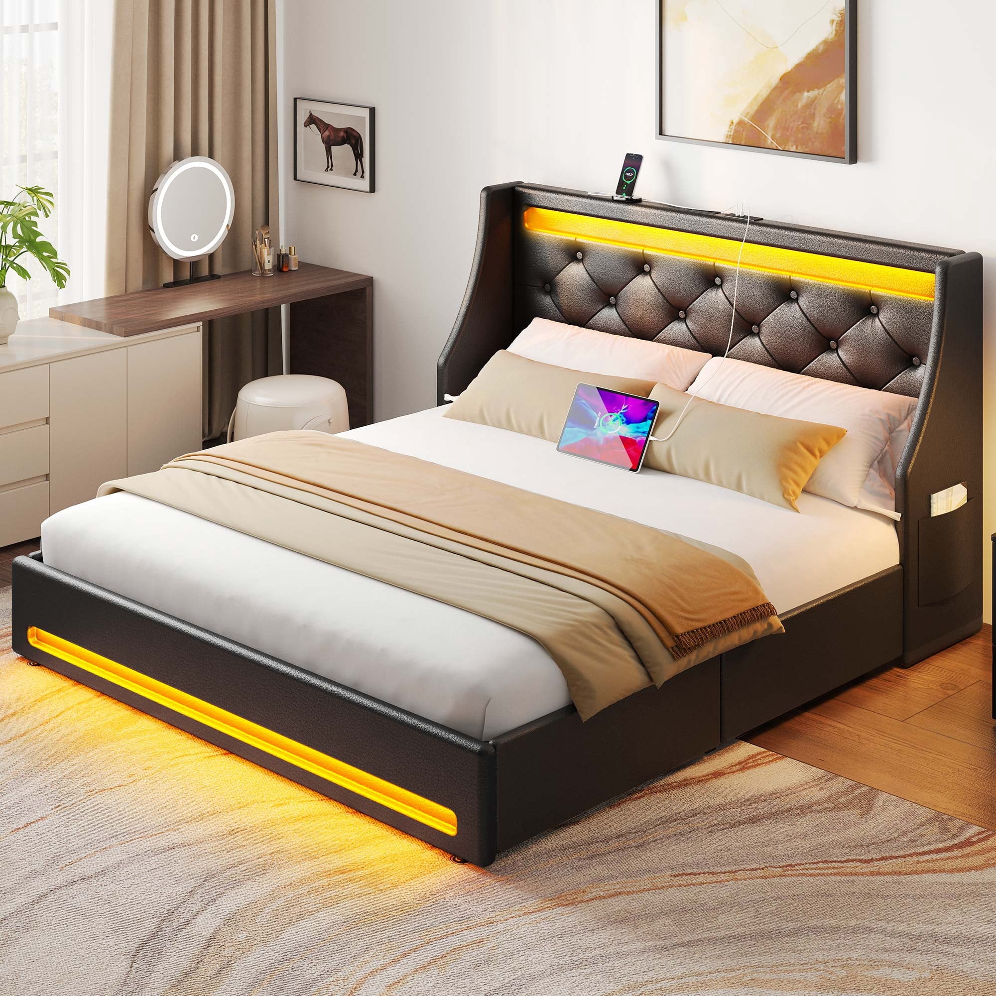 Greenstell Smart Charging Storage Bed Frame - 900lbs Capacity Noise-Free, Full, Black