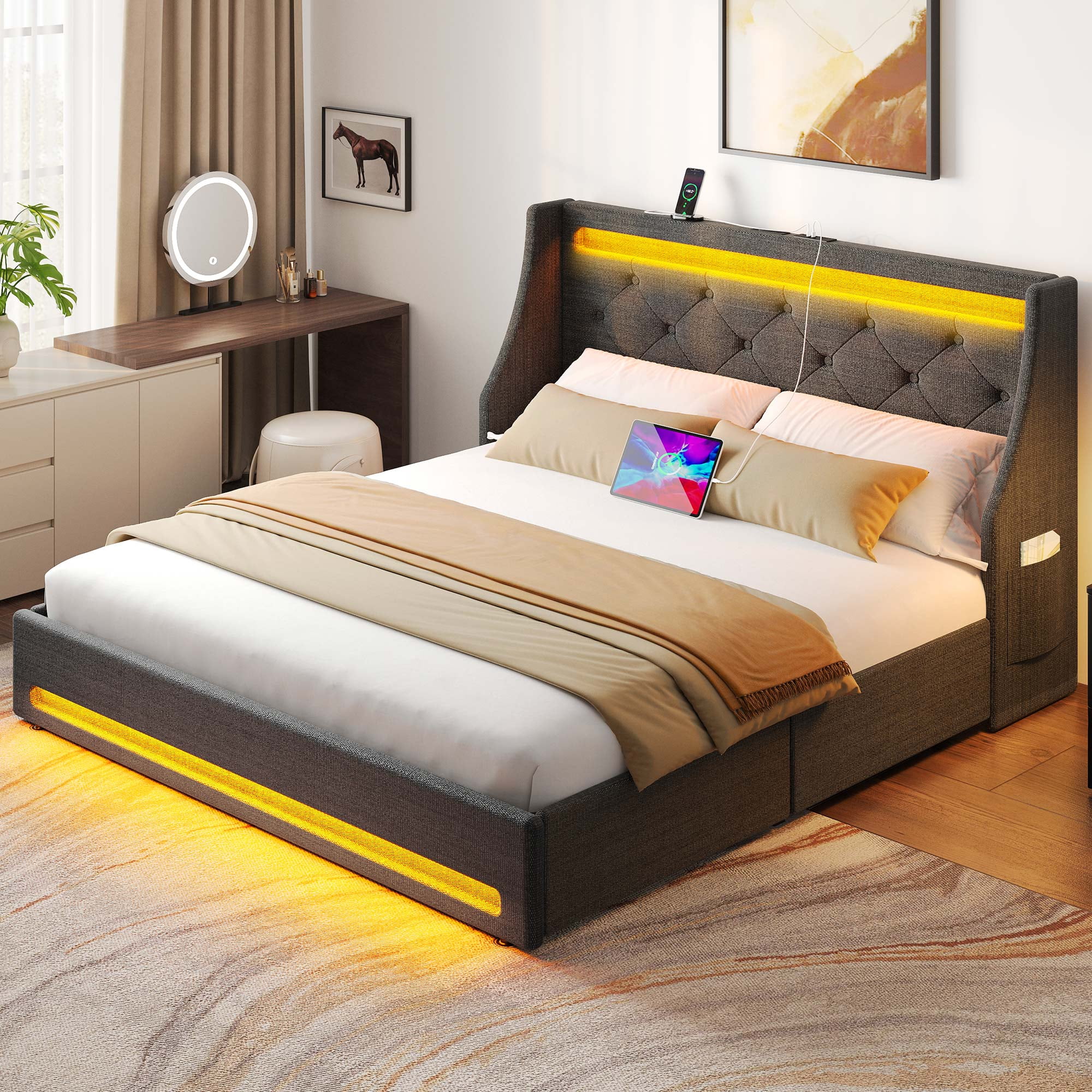 Greenstell Smart Charging Storage Bed Frame - 900lbs Capacity Noise-Free, Full, Dark Gray
