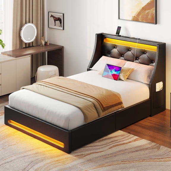 Greenstell Smart Charging Storage Bed Frame - 900lbs Capacity Noise-Free, Twin, Black