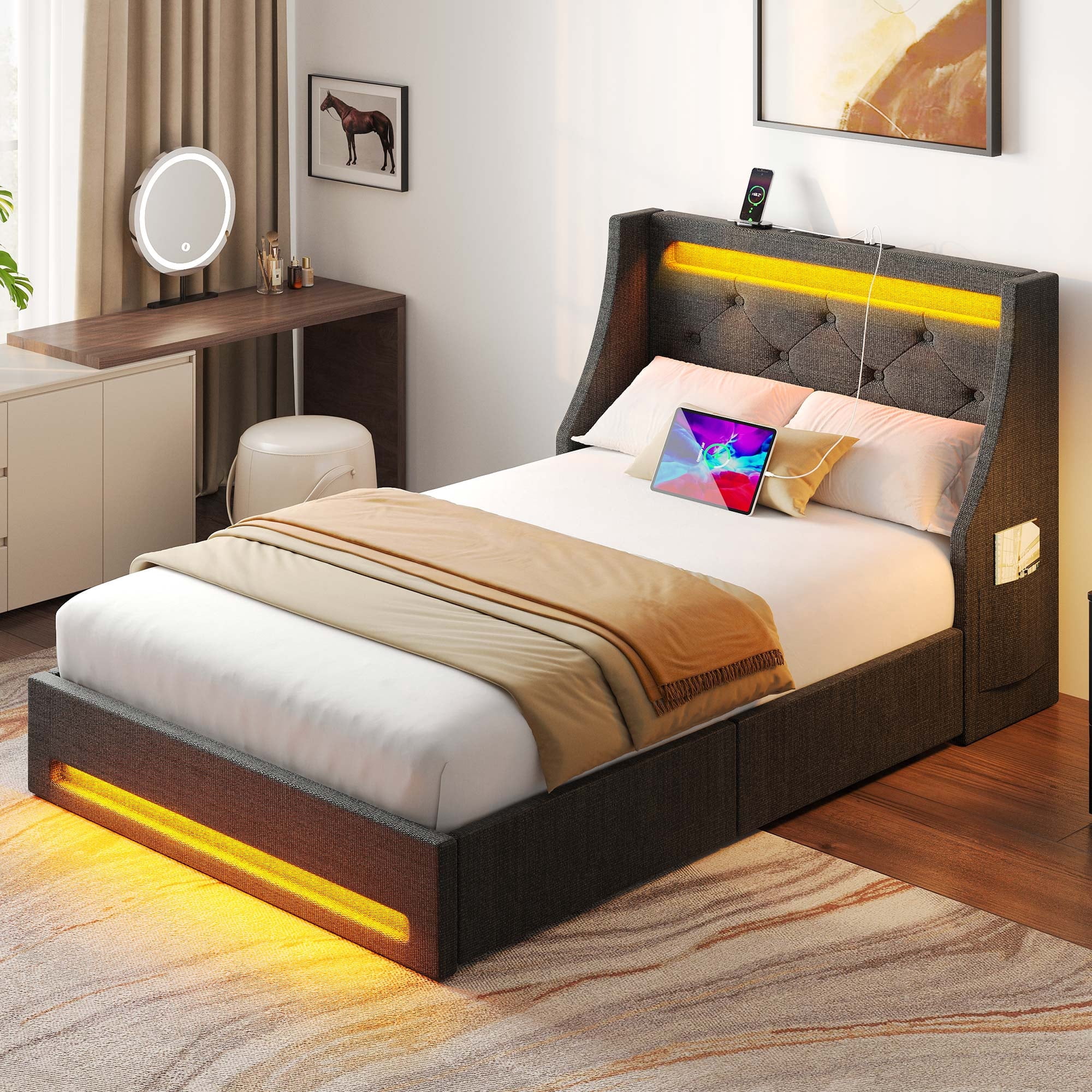 Greenstell Smart Charging Storage Bed Frame - 900lbs Capacity Noise-Free, Twin, Dark Gray