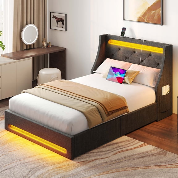 Greenstell Smart Charging Storage Bed Frame - 900lbs Capacity Noise-Free, Twin, Dark Gray
