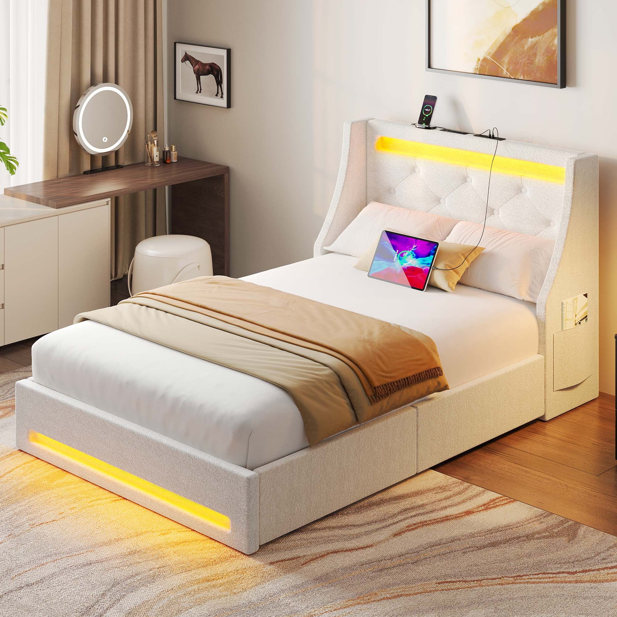 Greenstell Smart Charging Storage Bed Frame - 900lbs Capacity Noise-Free, Twin, Off White