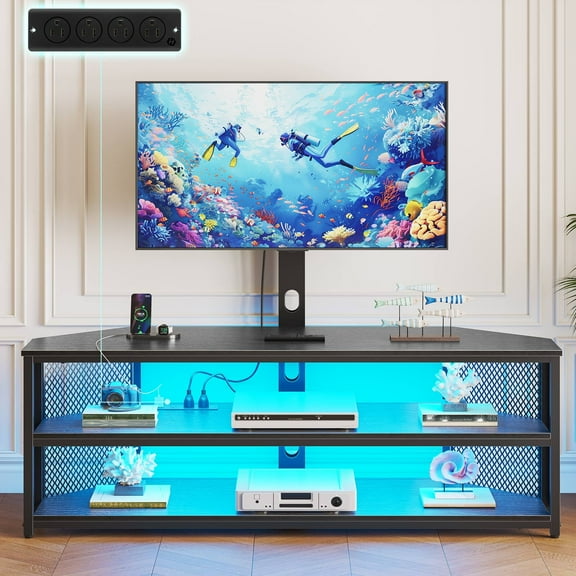 Greenstell Swivel TV Stand with Mount & Power Outlet - Height Adjustable Entertainment Center with LED Lights for 32-70 Inch TVs, Black