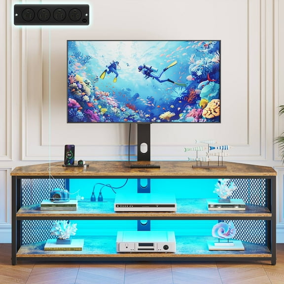 Greenstell Swivel TV Stand with Mount & Power Outlet - Height Adjustable Entertainment Center with LED Lights for 32-70 Inch TVs, Rustic Brown