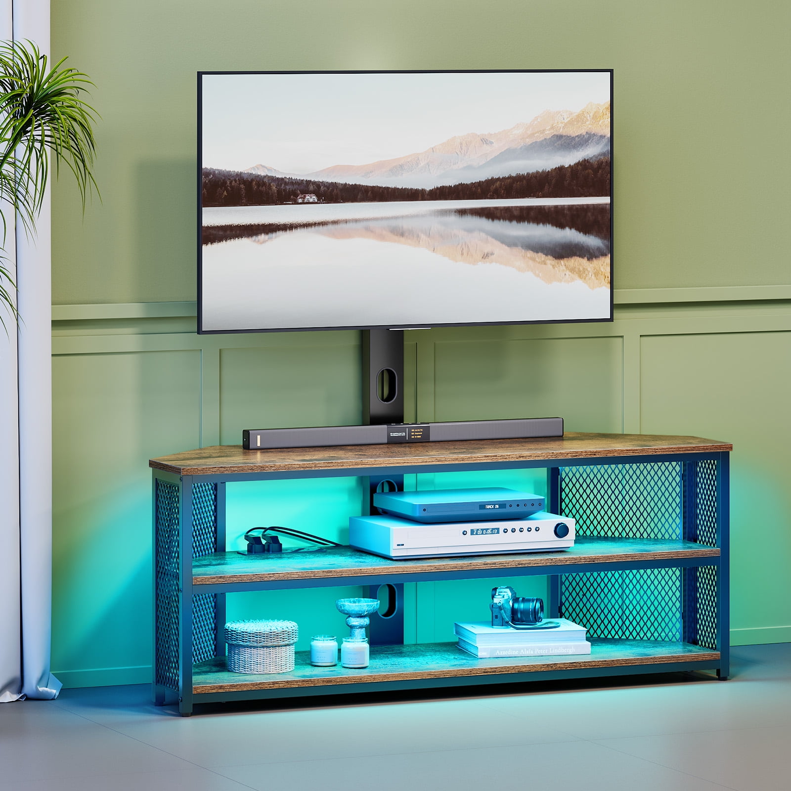 Greenstell Swivel TV Stand with Mount & Power Outlet - Height Adjustable Entertainment Center with LED Lights for 32-70 Inch TVs, Rustic Brown