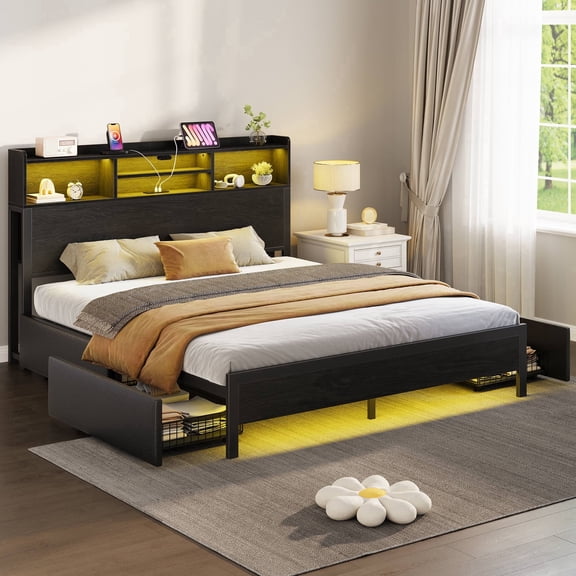 Greenstell Full Bed Frame With 4 Storage Drawers - Metal Platform Bed with Charging Station, LED Bed Frame, Easy Assembly, Noise-Free, Adult, Black