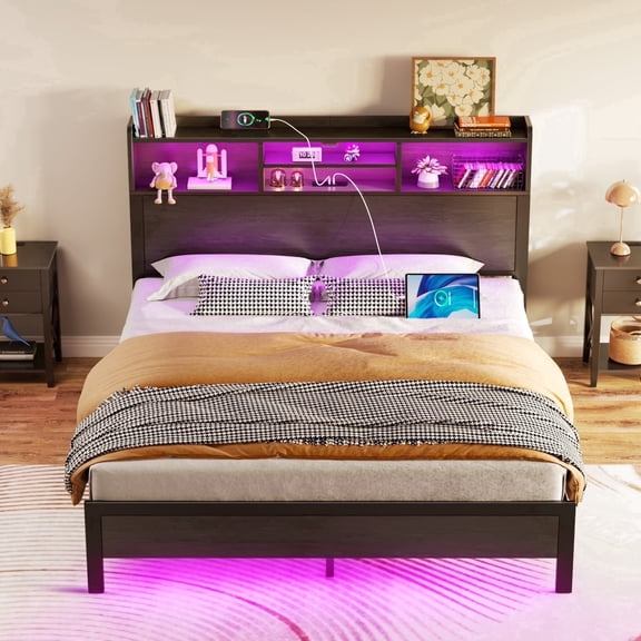 Greenstell Queen Bed Frame with Bookshelf Headboard - Metal Platform Bed with Charging Station, LED Bed Frame, Easy Assembly, Noise-Free, Adult, Black