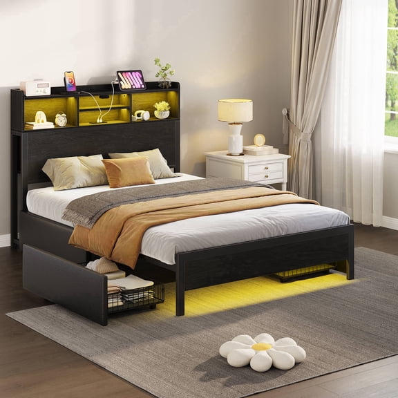 Greenstell Twin Bed Frame With 4 Storage Drawers - Metal Platform Bed with Charging Station, LED Bed Frame, Easy Assembly, Noise-Free, Adult, Black