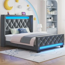 Greenstell Twin Bed Frame with LED Light and Charging Station, Velvet Upholstered Platform Bed Frame with Diamond Tufted Headboard and Wingback, Dark Gray