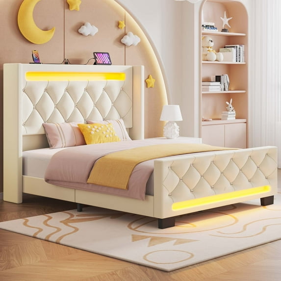 Greenstell Twin Bed Frame with LED Light and Charging Station, Velvet Upholstered Platform Bed Frame with Diamond Tufted Headboard and Wingback, White