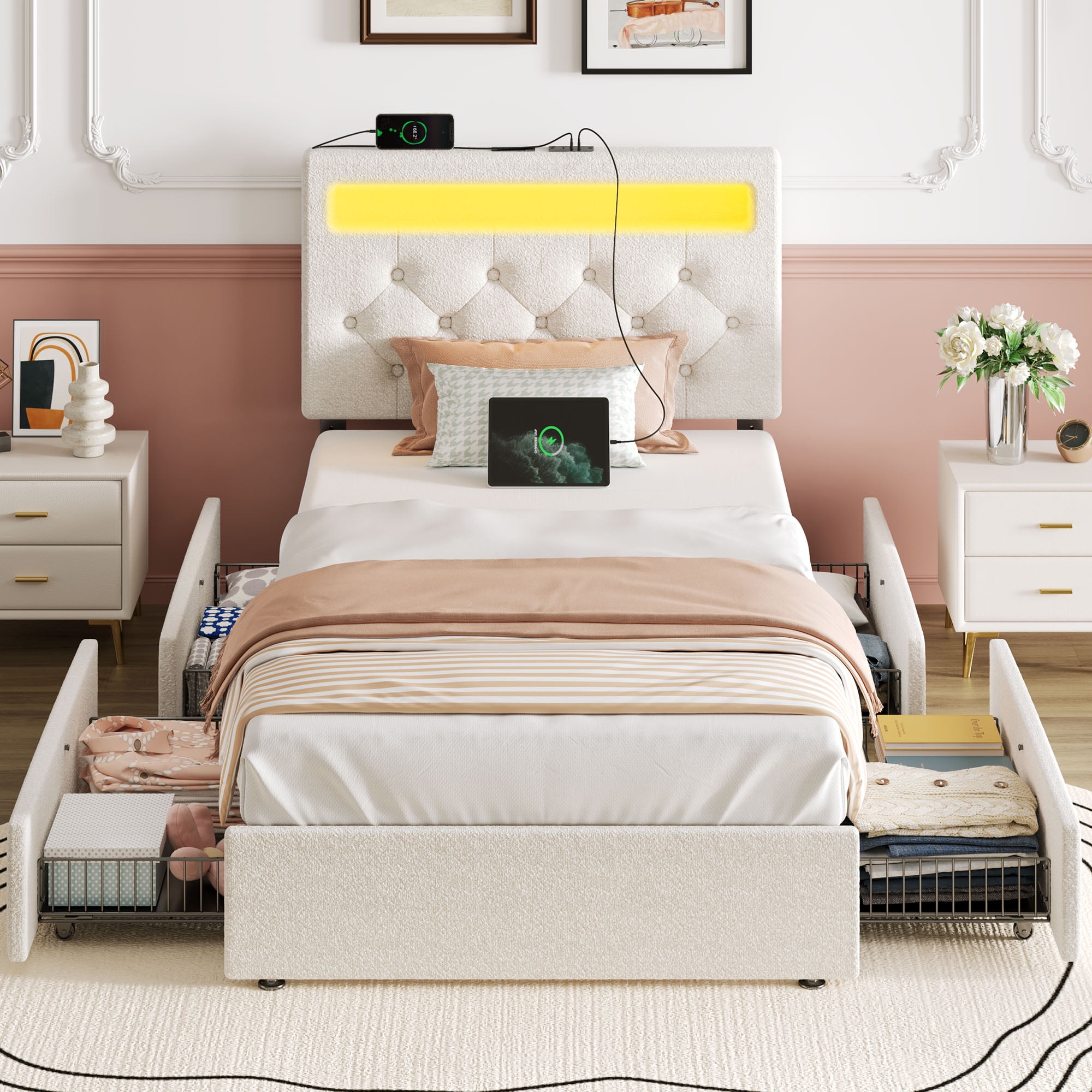Greenstell Twin Bed Frame with 4 Drawers, Upholstered Platform Bed with LED Adjustable Storage headboard & Charging Station, Black