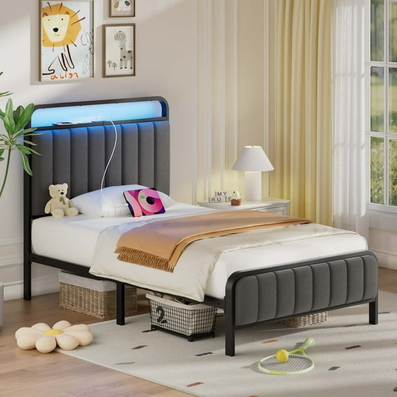 Greenstell Twin Bed Frame with Headboard and Charging Station, LED Heavy Duty Platform Bed with Under bed Storage, No Box Spring Required, Dark Gray