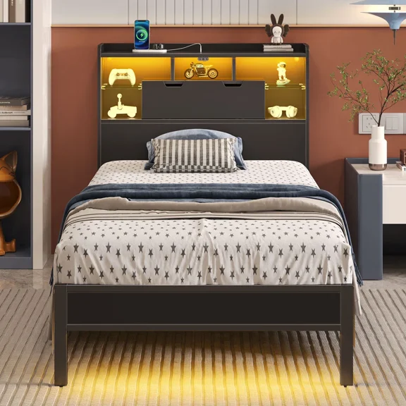 Greenstell Twin Size Bed Frame with Storage Headboard Metal Platform Bed with LED Lights and Charging Station Black