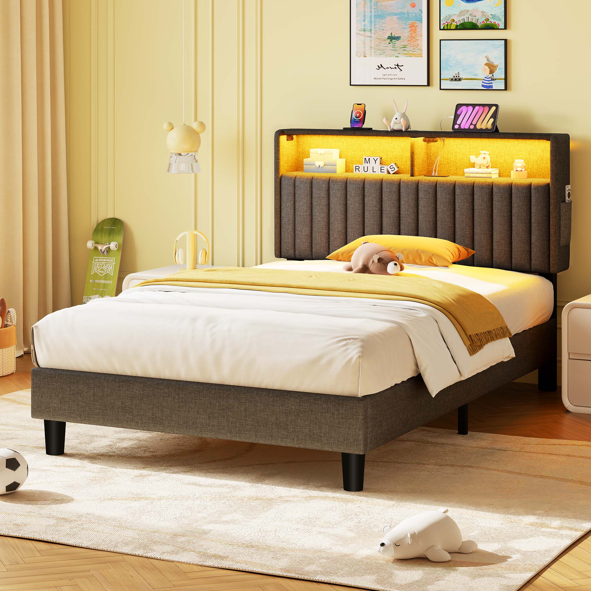 Greenstell Twin Bed Frame with LED Light & Platform Bed with Upholstered Storage Headboard USB Ports & Charging Station, Dark Gray