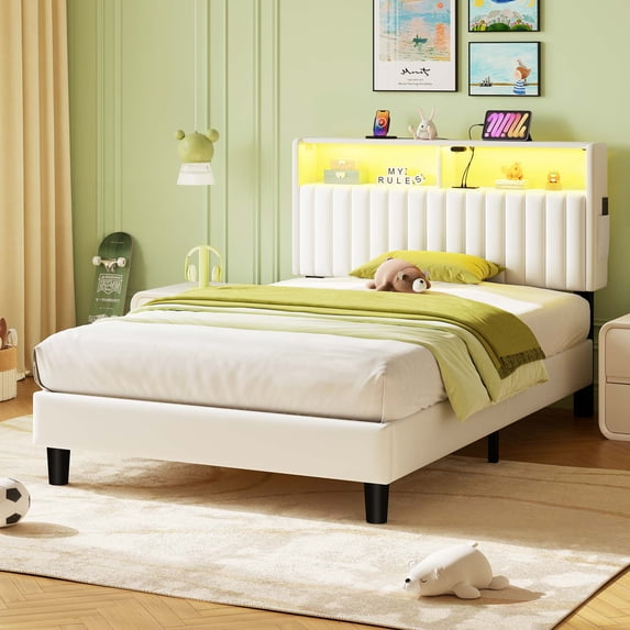 Greenstell Twin Size Bed Frame with Upholstered Storage Headboard and LED Light, Bed Platform with Charging Station, USB Ports, Under-bed Storage, White
