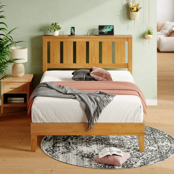 Greenstell Twin Bed Frame with LED Light and Charging Station, Solid Wood Platform Bed with Wooden Headboard for Bedroom, Natual