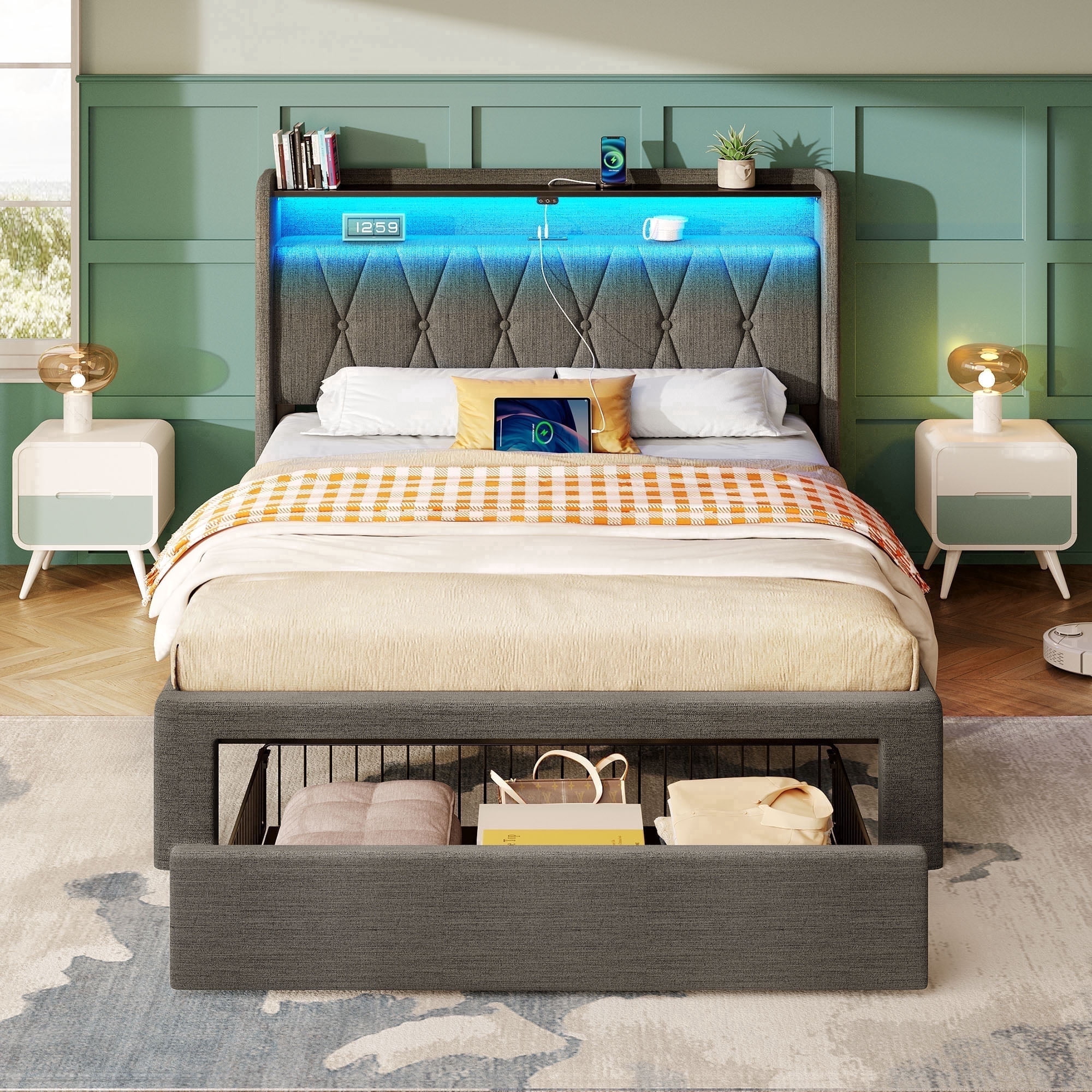 Greenstell Twin Bed Frame with Storage Drawers, Upholstered Bed with LED Light and Linen Fabric Storage Headboard, Dark Gray
