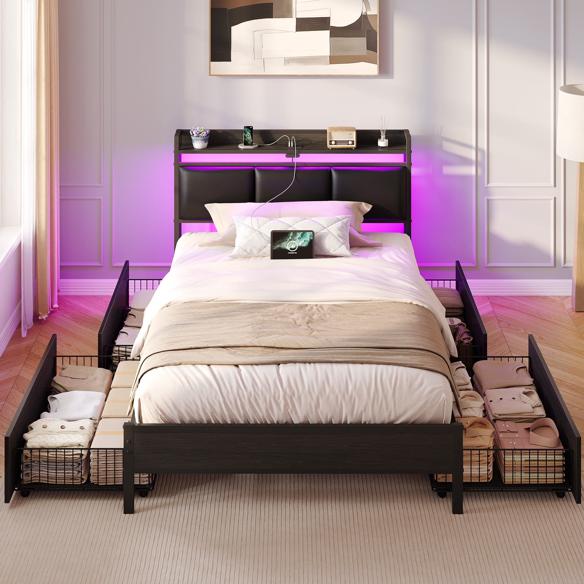 Greenstell Twin Size Bed Frame with Storage Headboard, LED Lights, Charging Station, 4 Drawers, Heavy-Duty Metal Platform Bed with USB & Type-C Ports,Black