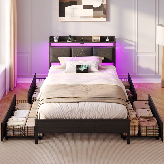 Greenstell Twin Size Bed Frame with Storage Headboard, LED Lights, Charging Station, 4 Drawers, Heavy-Duty Metal Platform Bed with USB & Type-C Ports,Dark Gray