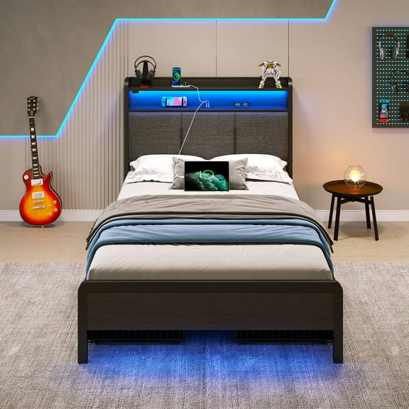 Greenstell Twin Size Bed Frame with Storage Headboard, LED Lights, Charging Station, 4 Drawers, Heavy-Duty Metal Platform Bed with USB & Type-C Ports,Dark Gray