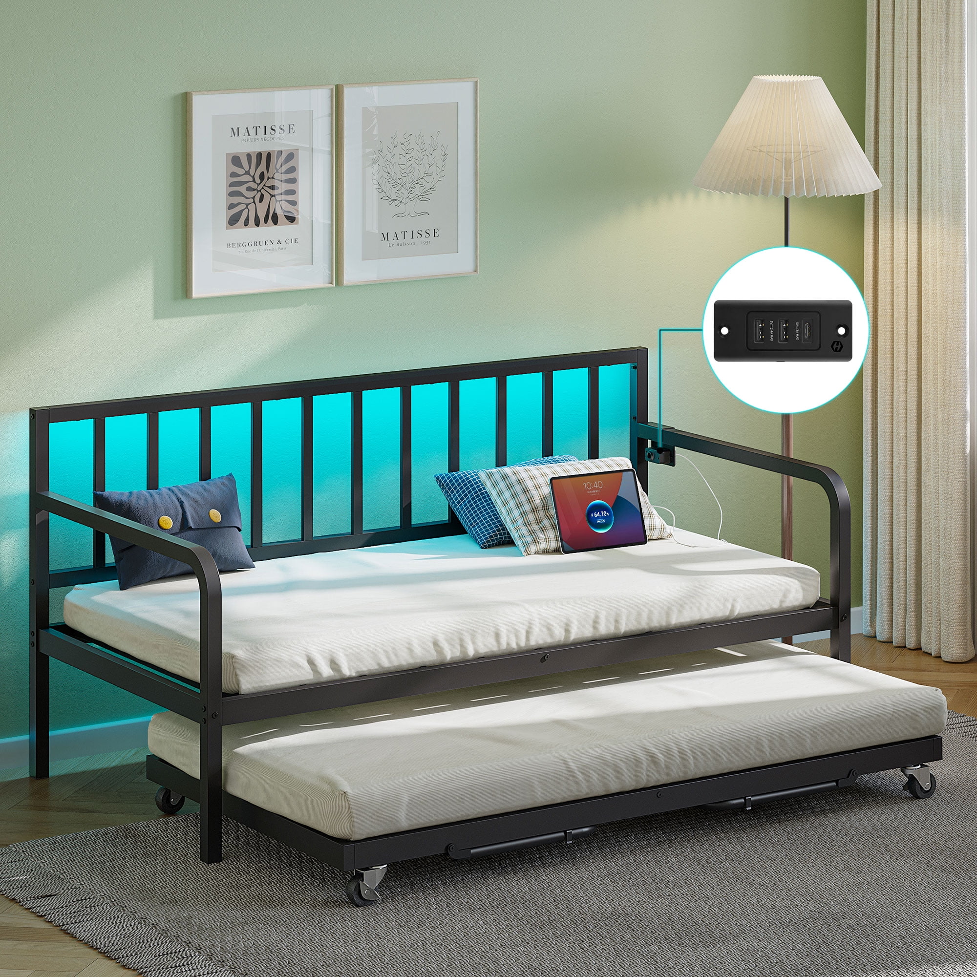 Greenstell Twin DayBed with Charging Station and LED Lights, Metal Twin Daybed with Trundle, No Box Spring Required, Black