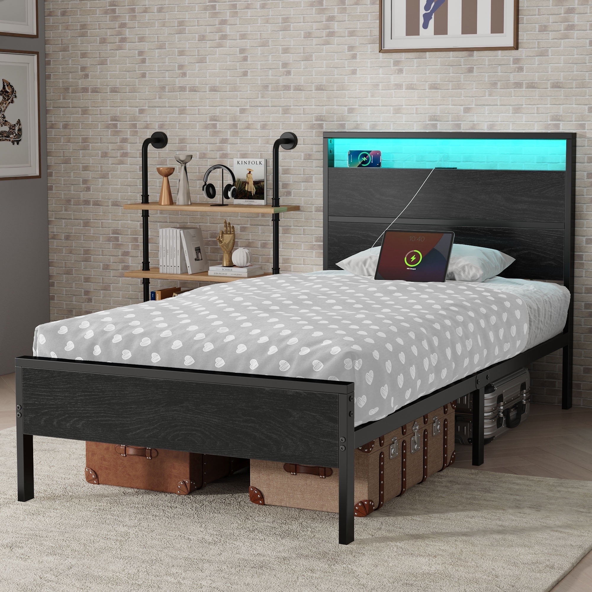 Greenstell Twin Size LED Light Bed Frame with Storage Wooden Headboard ...