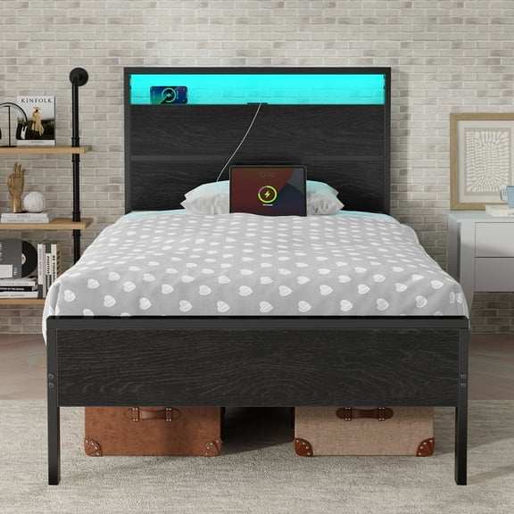 Greenstell Twin Size LED Light Bed Frame with Storage Wooden Headboard & Charging Station, Metal Bed Platform, Black