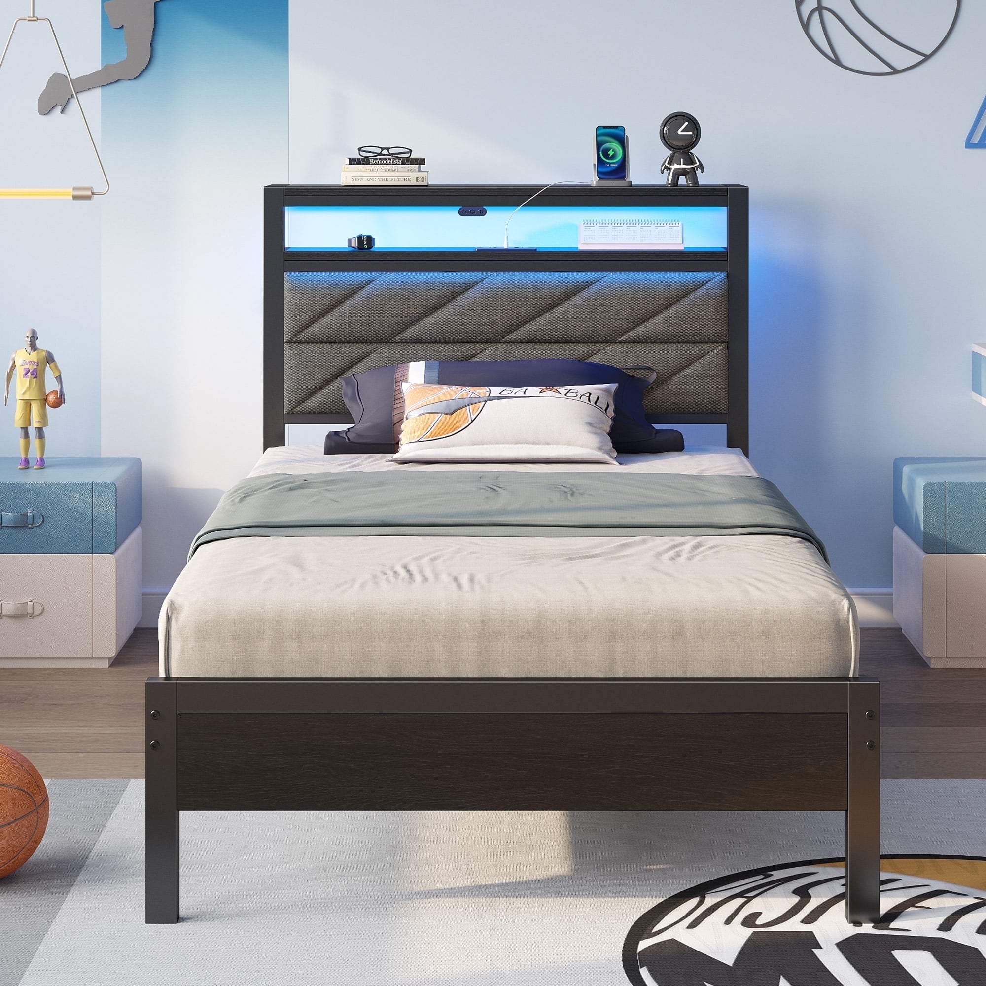 Greenstell Twin LED Bed Frame with Headboard Storage - Charging Station, Dark Gray