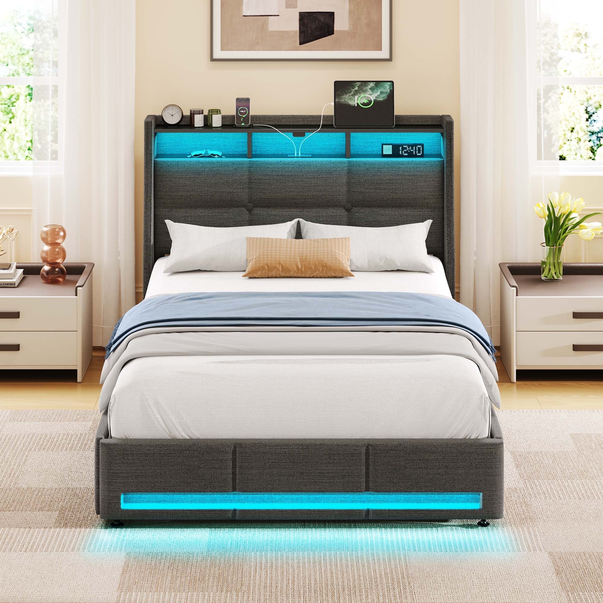 Greenstell Twin LED Storage Bed Frame - Charging Station, App Control, 900LBS Capacity, Dark Gray