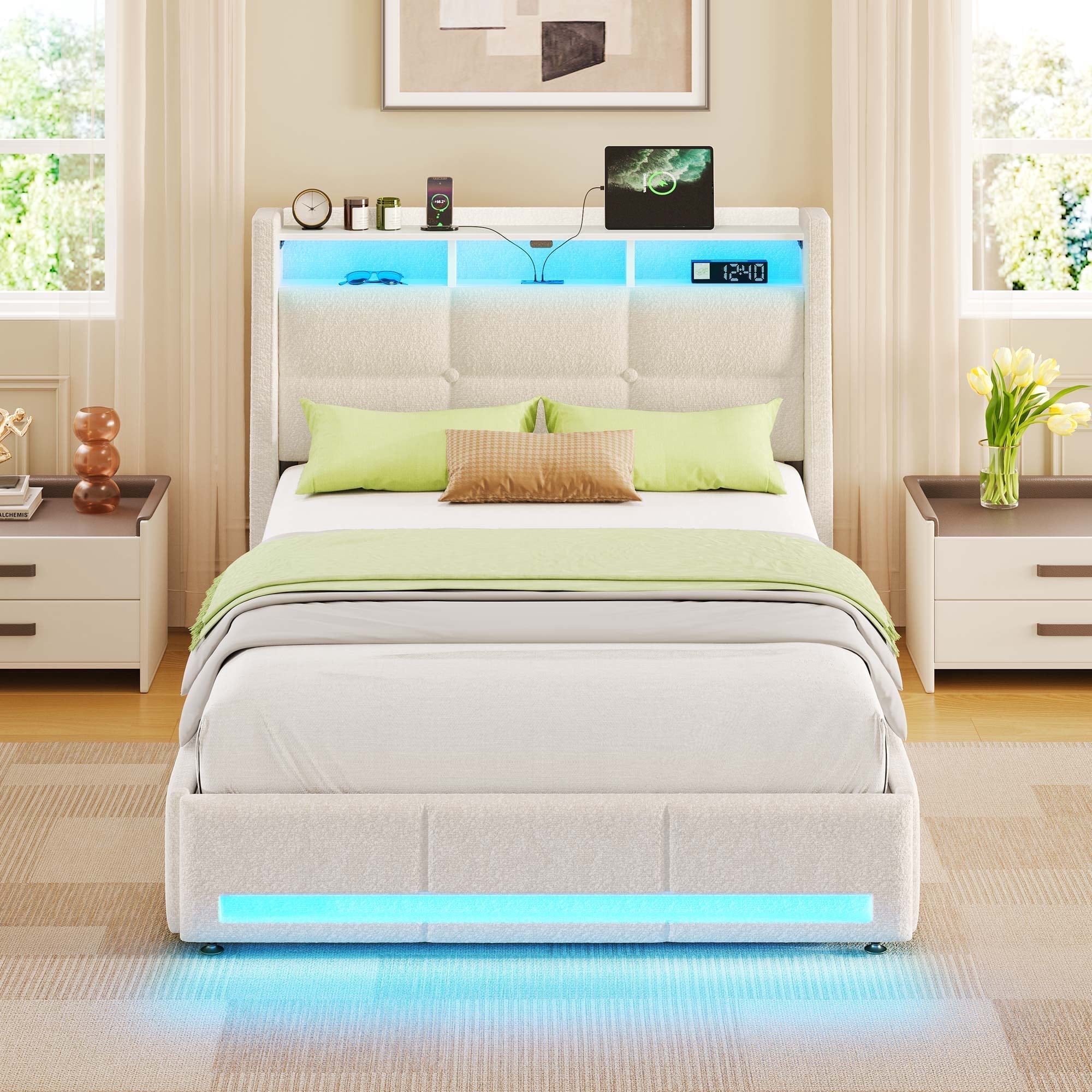 Greenstell Twin Bed Frame with LED Lights, USB & Type-C Charging, Wingback Storage Headboard and 4 Drawers White