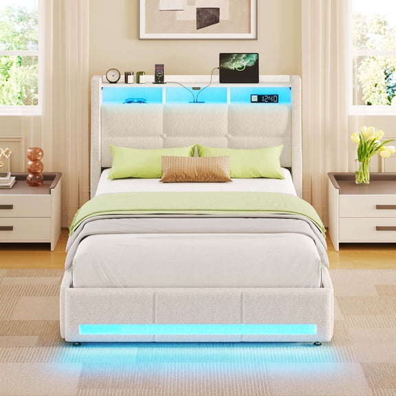 Greenstell Twin Bed Frame with LED Lights, USB & Type-C Charging, Wingback Storage Headboard and 4 Drawers White