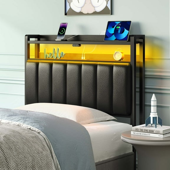 Greenstell Twin Size Adjustable Storage Headboard - Modern Black Upholstered Bed Frame with LED Lights, Charging Station & Soft Padding, Leather