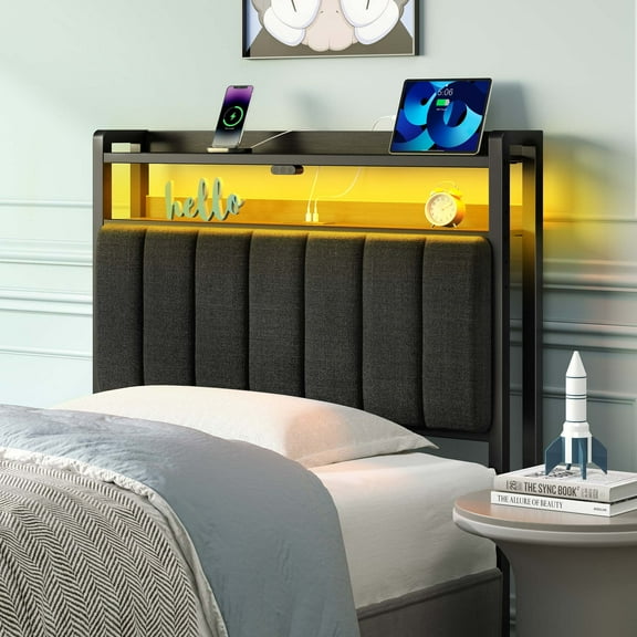 Greenstell Twin Size Adjustable Storage Headboard - Modern Black Upholstered Bed Frame with LED Lights, Charging Station & Soft Padding, Linen
