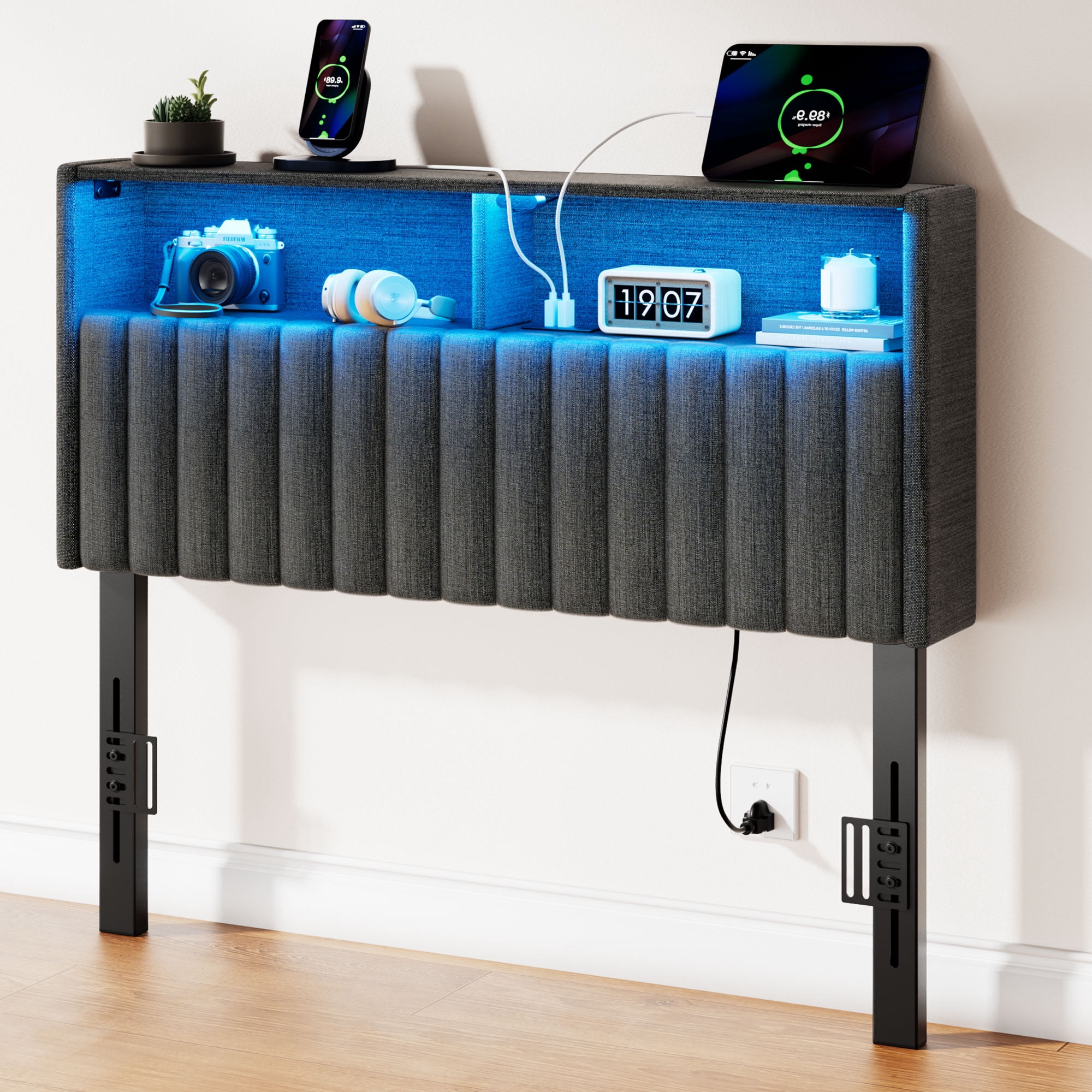 Greenstell Twin Size Adjustable Storage Headboard Only - Modern Upholstered Head Board with LED Lights, Charging Station & Soft Padding, Dark Gray