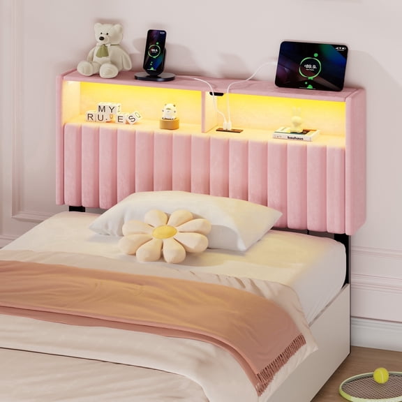 Greenstell Twin Size Adjustable Storage Headboard Only - Modern Upholstered Head Board with LED Lights, Charging Station & Soft Padding, Pink