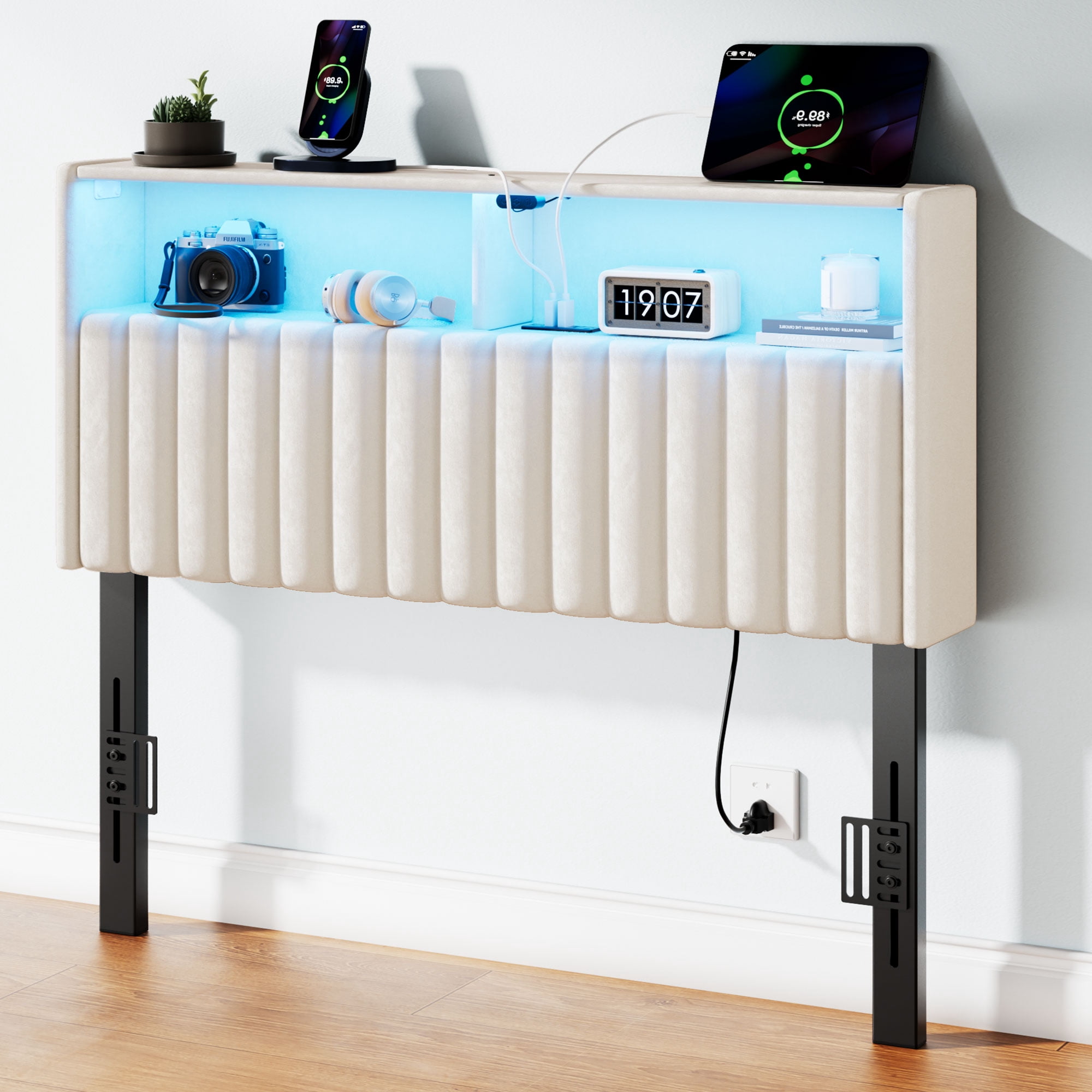 Greenstell Twin Size Adjustable Storage Headboard Only - Modern Upholstered Head Board with LED Lights, Charging Station & Soft Padding, White