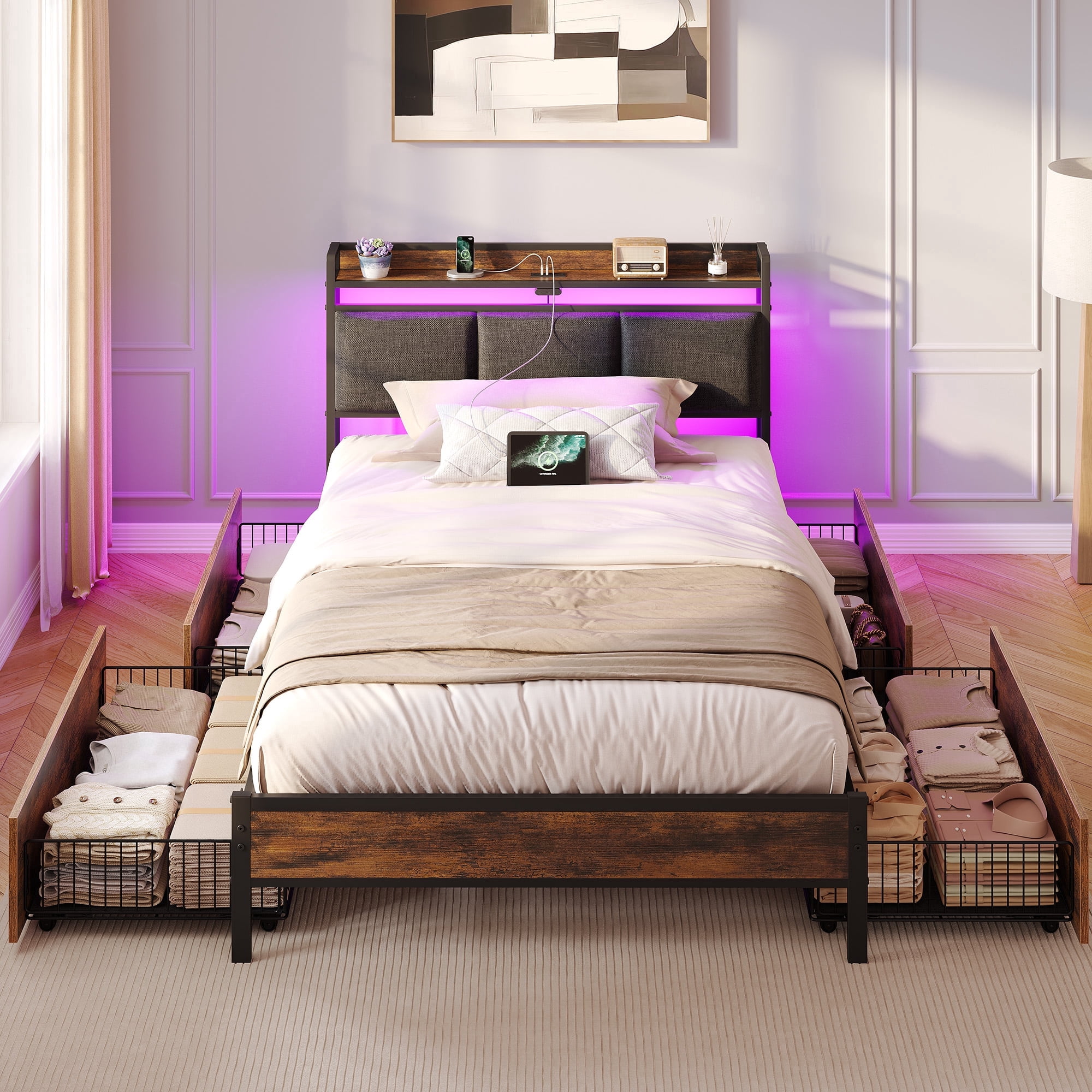 Greenstell Twin Size Bed Frame with Storage Headboard, LED Lights, Charging Station, 4 Drawers, Heavy-Duty Metal Platform Bed with USB & Type-C Ports,Rustic Brown