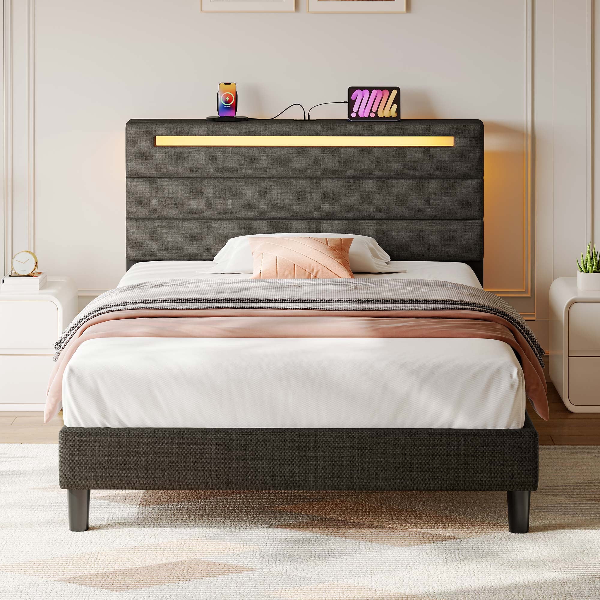 Greenstell Twin Size Bed Frame with Upholstered Storage Headboard and LED Light, Bed Platform with Charging Station, USB Ports, Under-bed Storage, Dark Gray