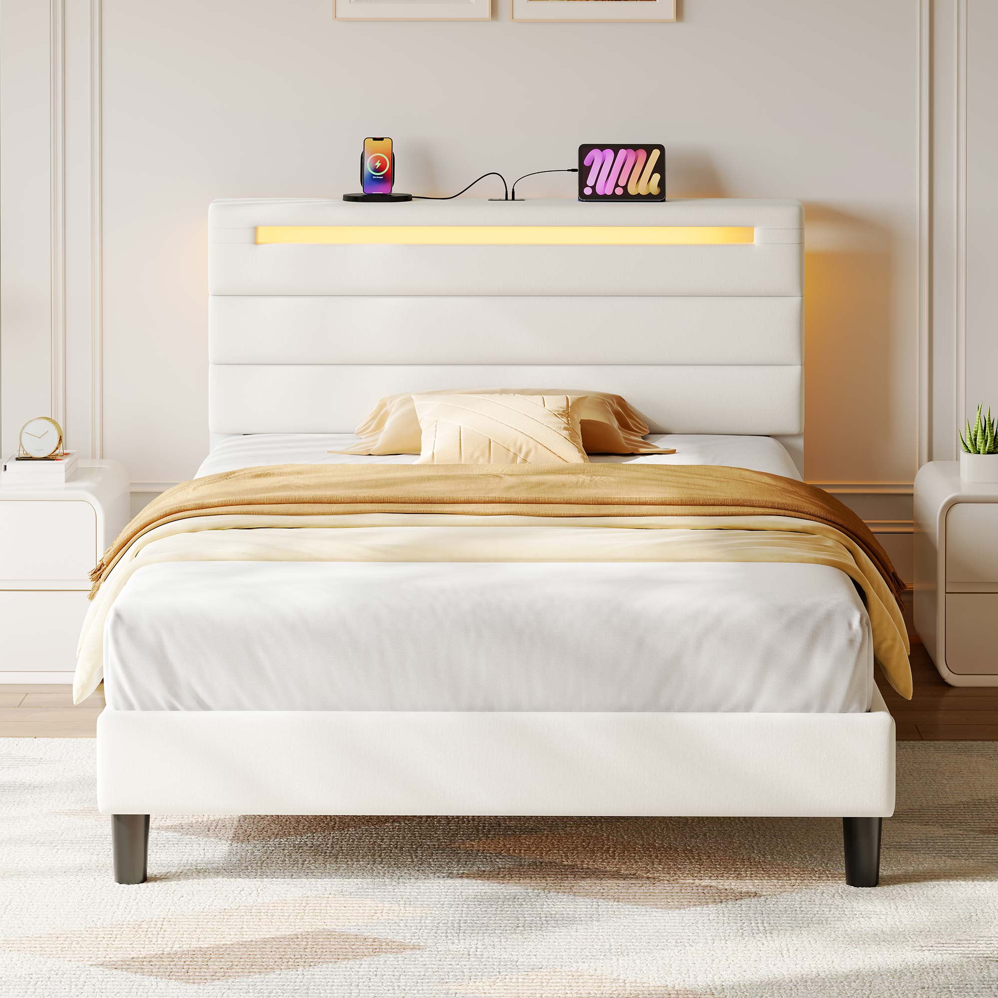 Greenstell Twin Size Bed Frame with Upholstered Storage Headboard and LED Light, Bed Platform with Charging Station, USB Ports, Under-bed Storage, White